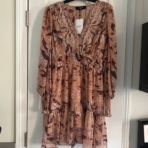 O.P.T. Anthropologie Pink Floral Mini Bohemian V Neck Long Sleeve Dress